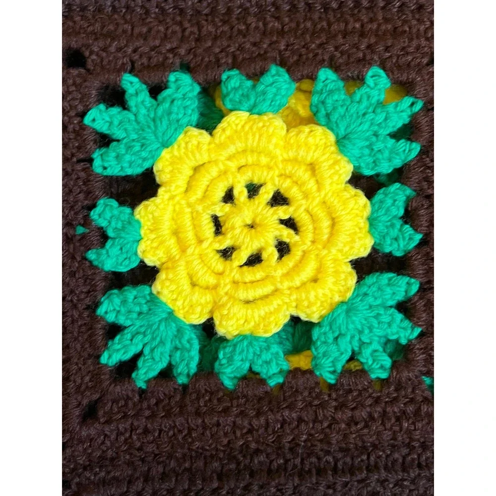Vintage Granny Square Crochet Blanket Throw, Yellow Floral, Brown,‎ Green